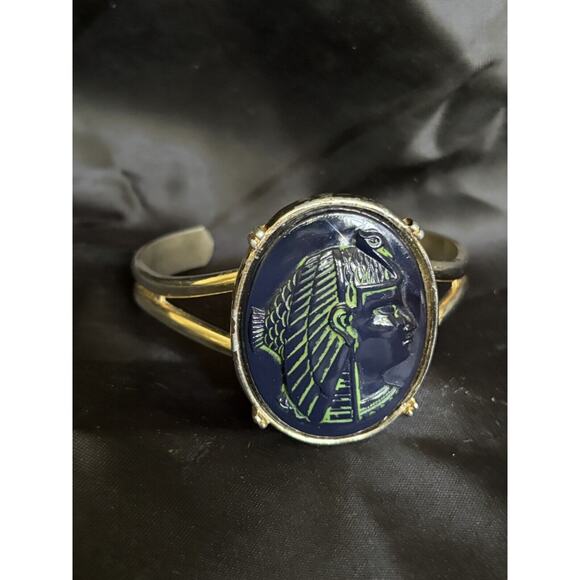 Pharaoh Egyptian Revival Cuff Bracelet Blue Glass & Gold Tone Statement Bracelet - Picture 5 of 13